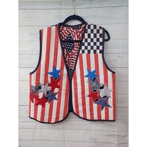Vtg Handmade Americana Vest Open Front Uncle Sam USA Flag Insulated M/L Cut Up